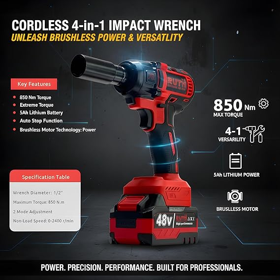RUTH 4-in-1 Cordless Impact Wrench/Driver Drill, 850Nm, 48V, 2x5Ah Batteries | 1/2 Anvil, Variable Speed, LED | 30-Piece Kit: 5 Impact Sockets, 20 Bits, Fast Charger, Carry Case for Auto Home Tools