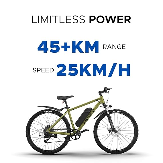 E MOTORAD - Ride The Electric Revolution T Rex+ Electric Cycle|18 Inch Aluminiun Alloy 6061 Frame | 250W Rear Hub Motor | Front Suspension | 7 Speed Shimano Altus Gears (Olive Fade, 27.5 Wheel)