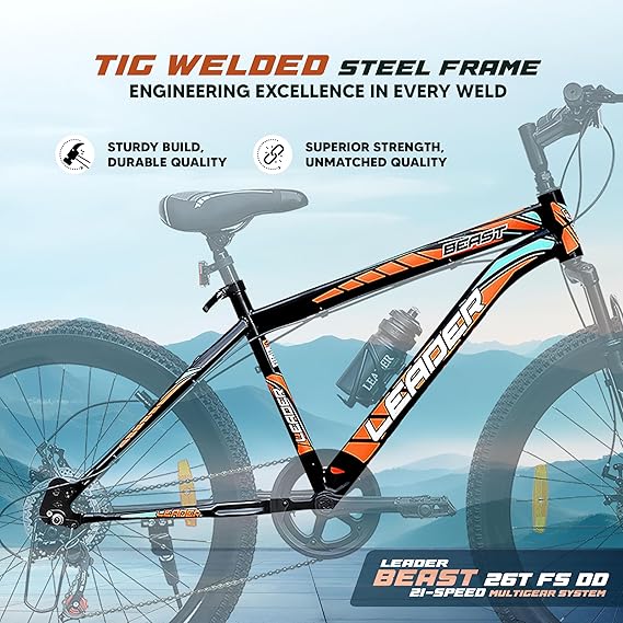 Leader Beast 26T Multispeed (21 Speed) Front Suspension Dual Disc Brake, Ideal for 12 + Years, Adult, Mountain Bike, Black/Orange,Unisex-Adult,Front,16