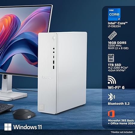 Lenovo IdeaCentre 3 Tower Intel Core i7 13620H (16GB RAM/1TB SSD/Windows 11/ Microsoft 365 Basic + Office Home 2024/WiFi 6/Bluetooth 5.2/USB Calliope Keyboard &amp;amp; Mouse/Cloud Grey), 90XW0051IN