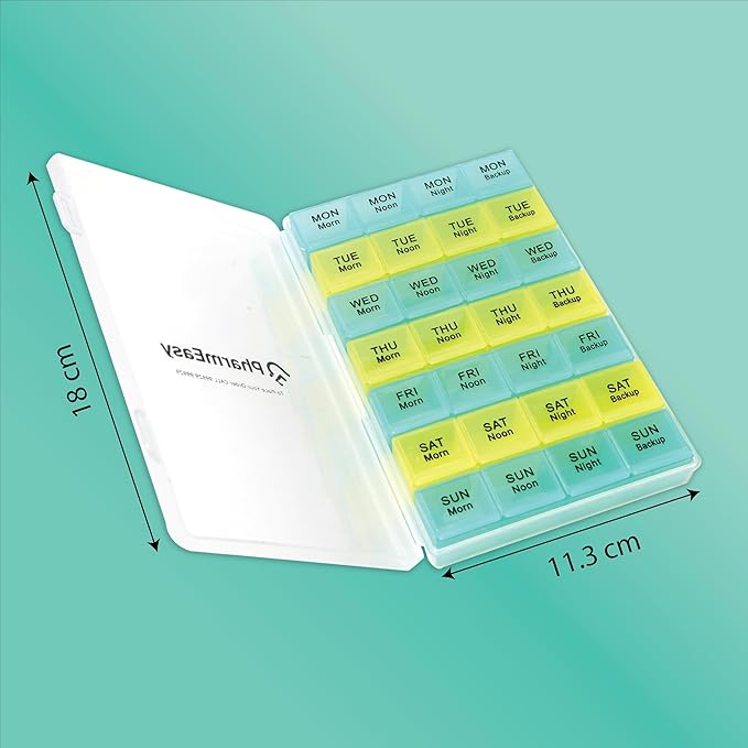 PharmEasy 7 Day Weekly Pill Box, Durable Medicine Organizer Box with Extra Large Multicoloured Compartments and BPA Free Material for Moisture Free Storage - Portable Tablet organiser.