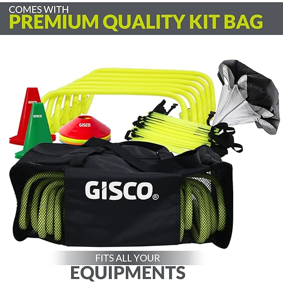 GISCO Speed and Agility Soccer Training Kit, Including 6 Hurdles - 6Pcs + 4 M Agility Ladder - 1 Piece + 6 Marker Cone - 6 Pcs + Space Marker -20 Pcs + Speed Chute Large - 1 Piece + Kit Bag