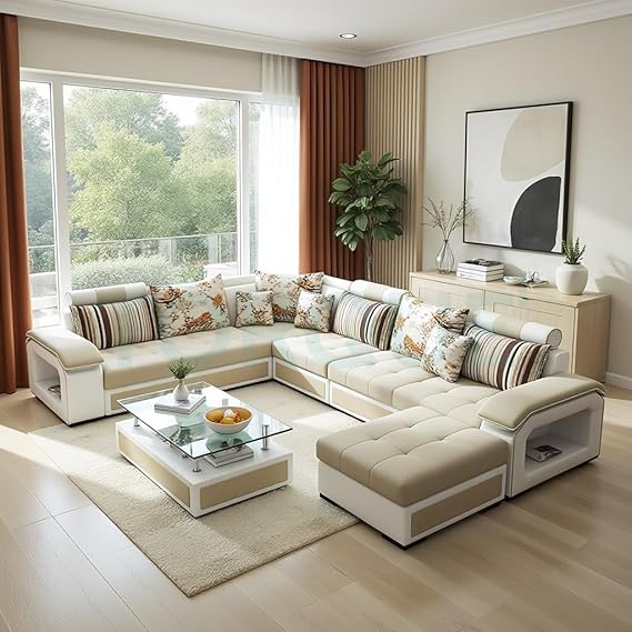 Torque - Silvester Solid Wood 12 Seater Sofa Set for Living Room (Right Side, Beige &amp; White) | Interchangeable U Shape Sectional Sofa with Puffy and Stool for Guest Room