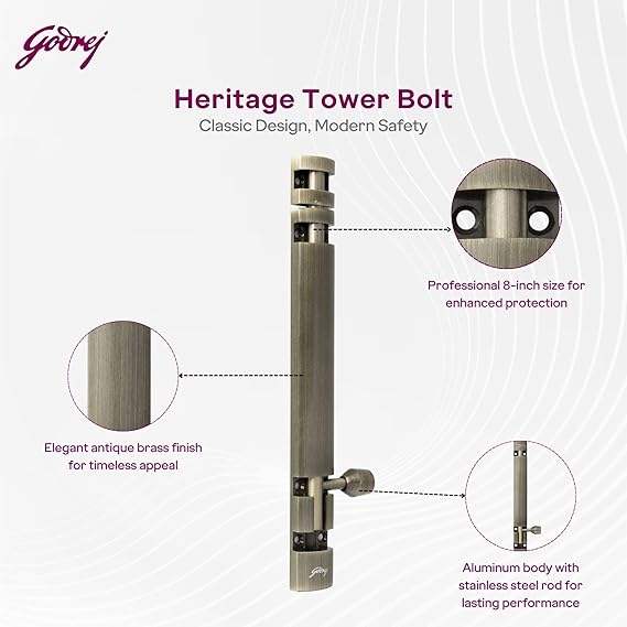 Godrej Door Fittings | Towerbolt Antique Brass Finish | 12 inch with SS Rod | Designer Kundi with Big Knob for Better Grip, Chitkani for Bathroom, Cabinet, Wooden Door (Pack of 6) | 1 Year Warranty
