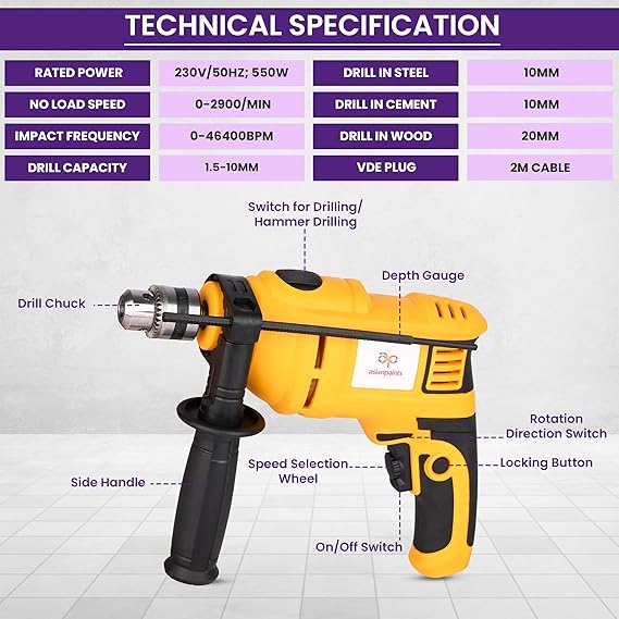 Asian Paints Corded Electric Professional Impact Drill Tool Kit,550 Watts,2900 RPM,Chuck 10Mm Machine Variable Speed,Forward/Reverse Rotation,Double Insulation,Improved Carbon Brush (100 Pcs),Yellow