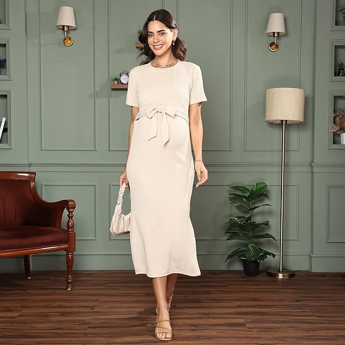 MomToBe Women's Bodycon Calf Length Polyester Maternity Dress for Pre and Post Pregnancy