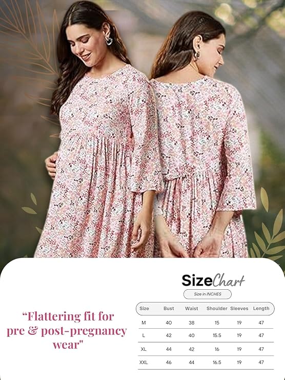 MomToBe Women's Maternity Dress Cotton Feel | Calf Length Pregnancy &amp; Feeding Dress with Zippers | Baby Shower &amp; Nursing Gown for Women