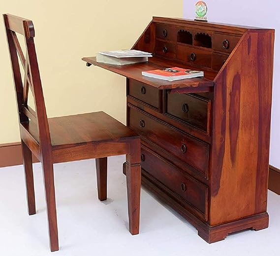 Solid Sheesham Wood Study Table with 9 Drawer Storage Wooden Office Desk Workstation Computer Table with Chair for Living Room Study Room Home Office Library (Provincial Teak Finish)