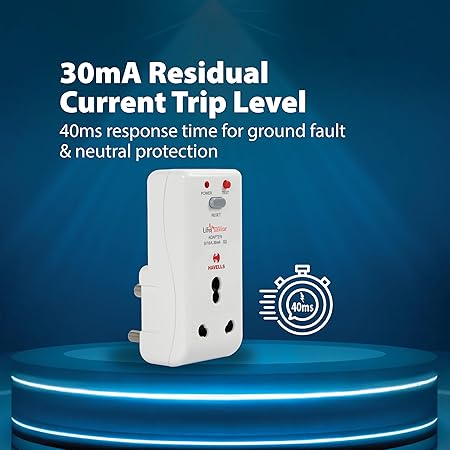 Havells 16 Amp 30mA PRCD Adaptor (White) - Plastic Body, Auto-Trip Safety for Appliances - Smart and Enhanced Protection Against Electrical Shock,Requires 16A MCB/Fuse Backup,Per IEC 61540 Guidelines