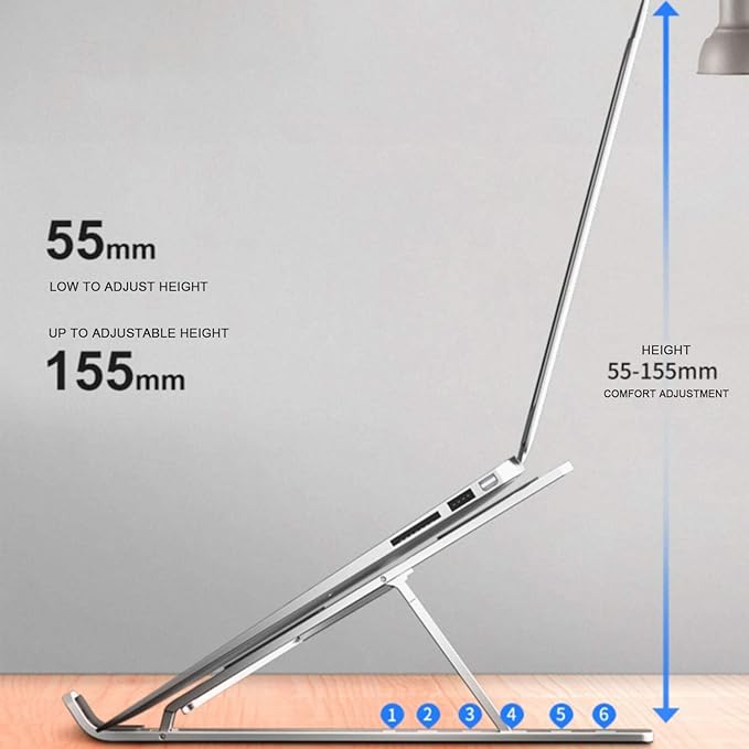 Dyazo 6 Angles Adjustable Aluminum Ergonomic Foldable Portable Tabletop Laptop/Desktop Riser Stand Holder Compatible for MacBook, HP, Dell, Lenovo &amp; All Other Notebook (Silver)