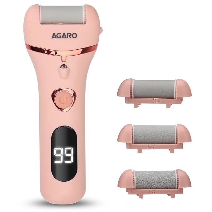 AGARO Callus Remover with 3 Interchangeable Head Rollers, Electronic Foot Scrubber For Callus Dead Skin Removal, Pedicure Device, 2 Speed, Rechargeable Foot Care, Waterproof, CR1727, Pink