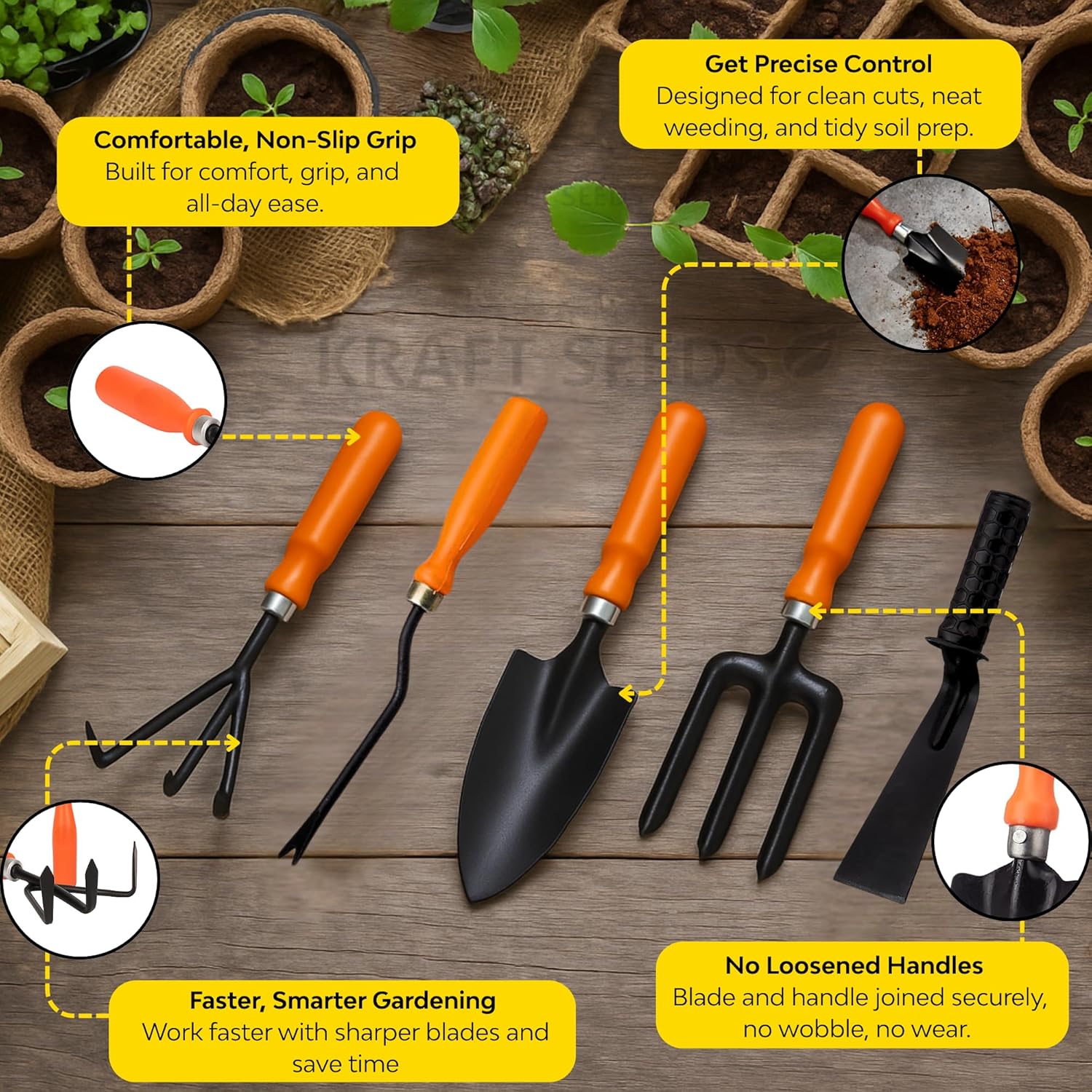 Kraft Seeds Home Tools, 6Pcs Gardening Tools Kit for Home Garden - (Cultivator, Fork, 2 Trowels, Weeder, Gloves), Lightweight, Portable, Durable Gardening Items for Indoor Outdoor Use, Gardening kit