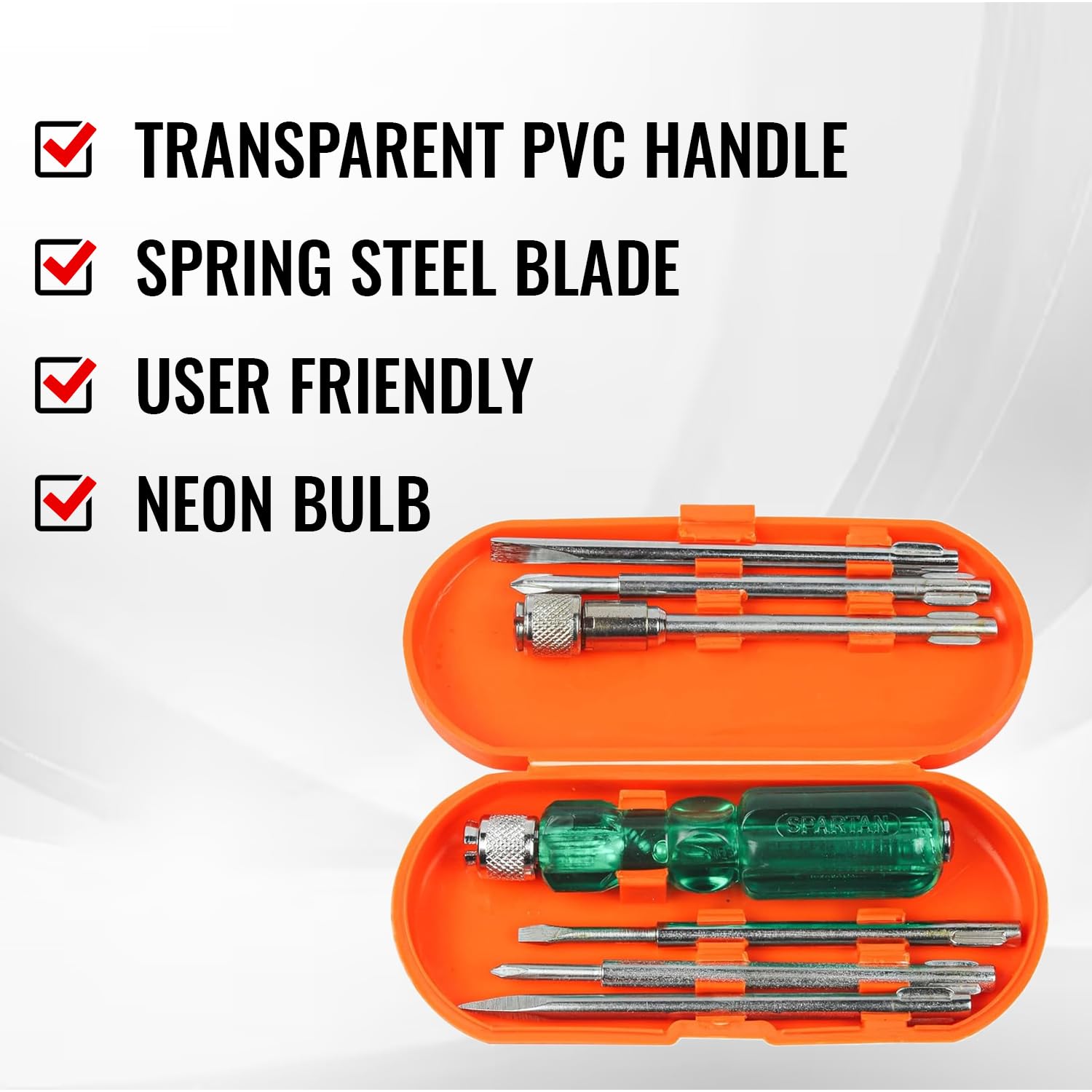 Spartan BS-02-Pro 6-in-1 Pc Screw Driver Kit With Neon Bulb Screwdriver Kit/Screwdriver Set, 2 Flat Blades, 2 Phillips Head, 1 Round Poker Bar, Extension Rod | Multi-purpose Tool Set, Green
