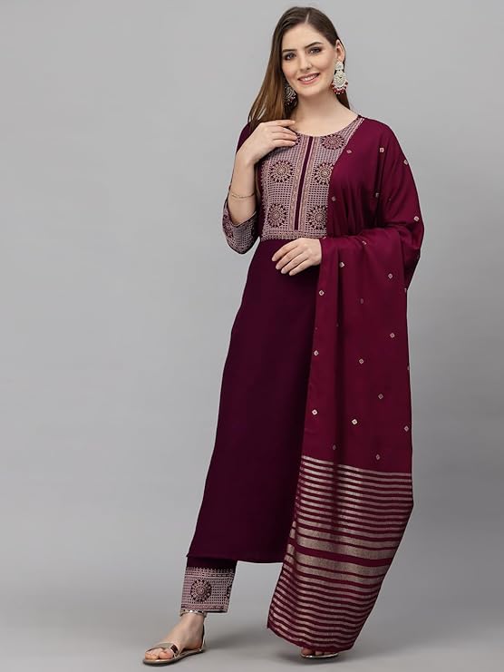 KLOSIA Women Viscose Embroidered Kurta And Pant Set With Dupatta, Kurta Set