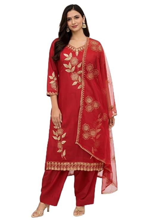 Women’s Embroidered Kurta Set | Roman Shimmer Floral Kurti Pant Dupatta Set | Ethnic Wear