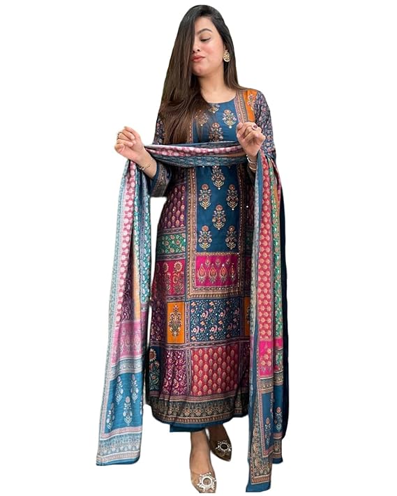 GoSriKi Women’s Viscose Rayon Straight Kurta Pant Dupatta Set | Stylish Kurti Set for Women | Cotton Kurta Set with Dupatta Ethnic Dress | Festive Kurta Set