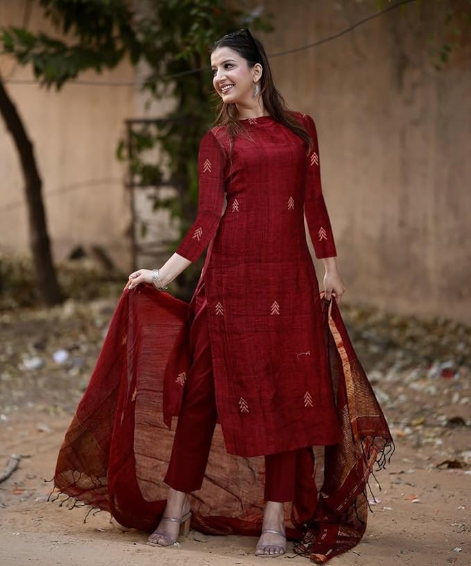ANNI DESIGNER Pure Cotton Maroon Kurta Pant Set with Dupatta for Women | 3 Piece Gold Hand Block Printed Suit Set | Cotton Kurta Set for Women | Festive Kurti Set
