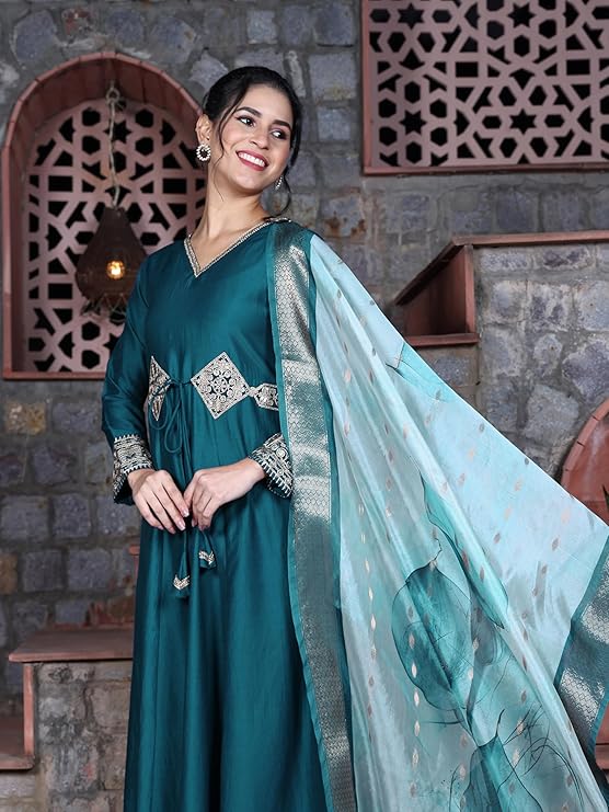 EthnicJunction Women's Cotton Silk Embroidered Anarkali Kurta Palazzo with Digital Print Dupatta Set