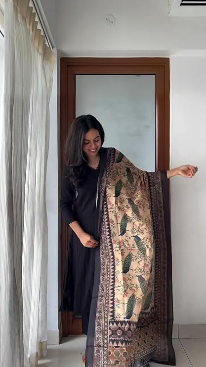 ANNI Designer Women's Rayon Viscose Anarkali Solid Kurta Pant Printed Dupatta Set | Flared Ethnic Suit for Festive, Party