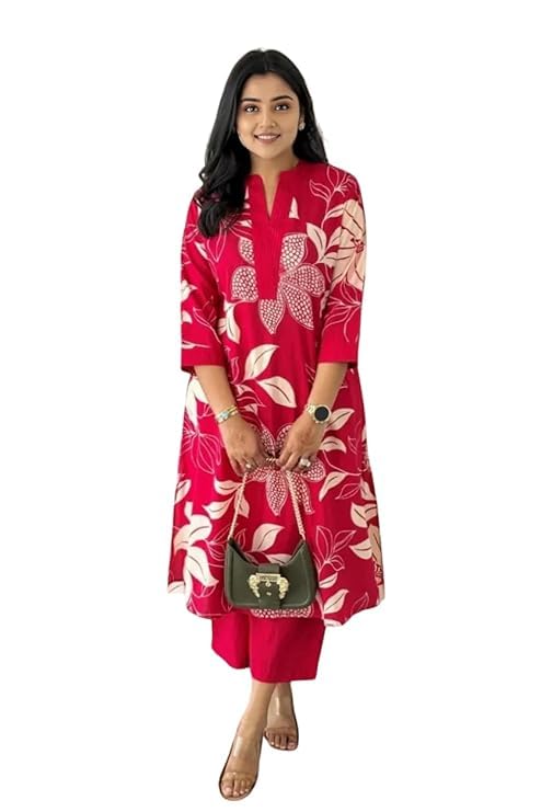 MEERA FAB Women's Pure Cotton Printed Ethnic Wear Straight Kurta Set with Palazzo Pants
