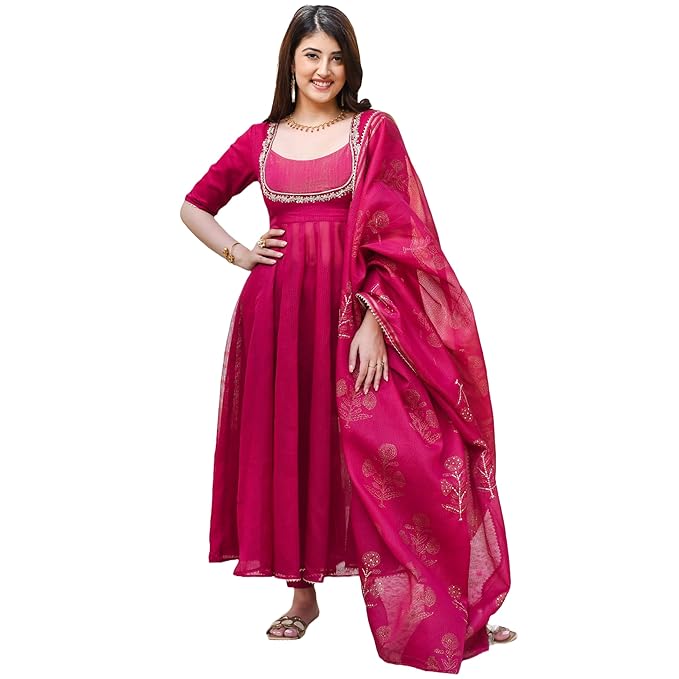 GoSriKi Women's Rayon Viscose Embroidered Anarkali Kurta with Pant &amp; Dupatta
