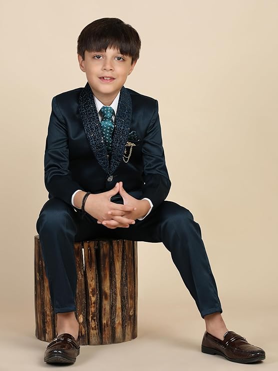 Pro-Ethic Style Developer Cotton 5 Piece Boys Suit Set for Kids Wedding Outfit | Set of Shirt, Regular Fit Pants, Coat, Waistcoat and Tie for Kids (Pack of 1)