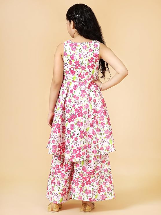 A.T.U.N. (ALL THINGS UBER NICE) Girls Poly Silk Floral Printed Sleeveless Sharara Set | Traditional Ethnic Wear Clothing Set for Festival and Special Occasions