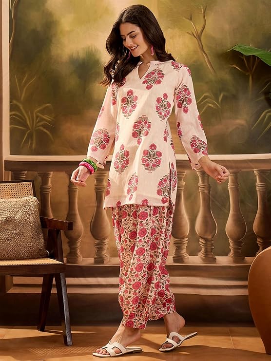 EthnicJunction Women's Linen Floral Print Summer Wear Straight Short Kurti with Afghani Pant Set | Kurta Pant Set | Office wear Kurta Set | Vacation wear Kurta Set