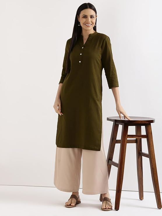 SAADAA Women's Linen Straight Fit Straight Long Kurta Airy Plain Kurta, 3/4 Sleeve, Knee Length Kurtis with Pockets, Casual and Office Wear