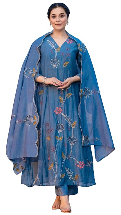 GoSriKi Women's Elegant Chanderi Cotton Embroidered Anarkali Kurta Set with Dupatta for Women | Light Floral Print Suit for Wedding, Parties &amp; Daily Use
