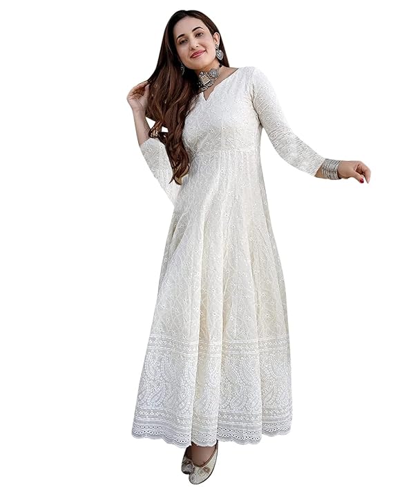 LookMark Women Cotton Straight Fit Straight Chikankari Long Kurti Gown