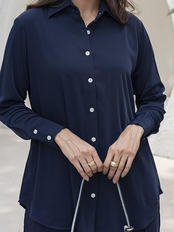 Women's Polyester Shirt And Trouser Navy Blue Color Co-Ord Set