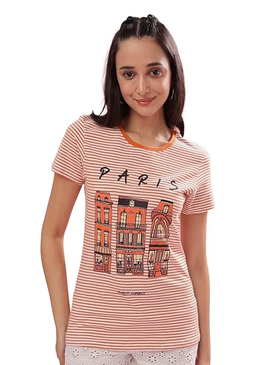 Dollar Women's Printed Stretchable Cotton Round Neck Tshirt (8905203403929_AWCN-823-BURT-PO1-L)