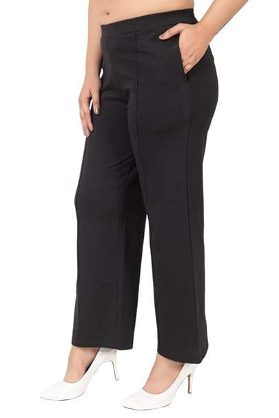 Mlada Mid Waist Wide Leg Flared Pants Elastic Waist Band for Women Office Work Formal Wear Stretch Cotton Knit Flare Pants Utility Pockets Extra Flare Pants Trousers for Travel