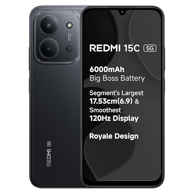 REDMI 15C 5G Midnight Black 8GB + 128GB | Royale Design | Massive 6000mAh Battery | Segment's Largest 17.53cm Display Up to 120Hz | MediaTek Dimensity 6300 | 33W Fast Charging | 50MP AI Dual Camera