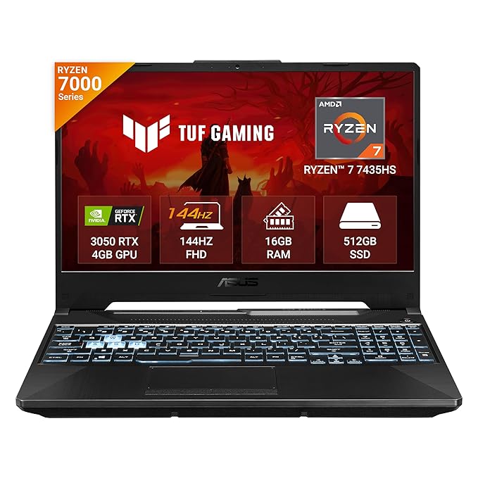 ASUS TUF Gaming A15, AMD Ryzen 7 7435HS Gaming Laptop(NVIDIA RTX 3050-4GB/60W TGP/16GB RAM/512GB SSD/FHD/15.6"/144Hz/RGB KB/48WHr/Windows 11//Graphite Black/2.30 Kg) FA506NCR-HN054W