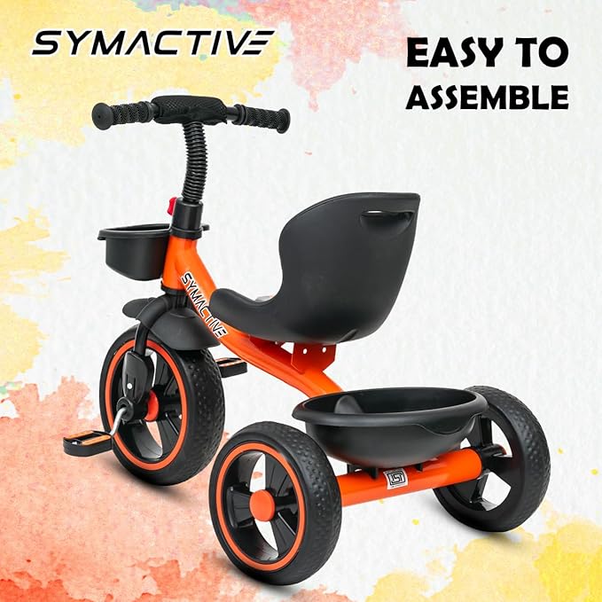 Symactive Tricycle for Kids | Plug N Play | Baby Cycle with Grip Handle, Eva Wheels, Seat &amp; Basket | Kids Tricycle/Cycle | 2+ Years Unisex | Weight Limit Upto 25 Kgs (Orange)
