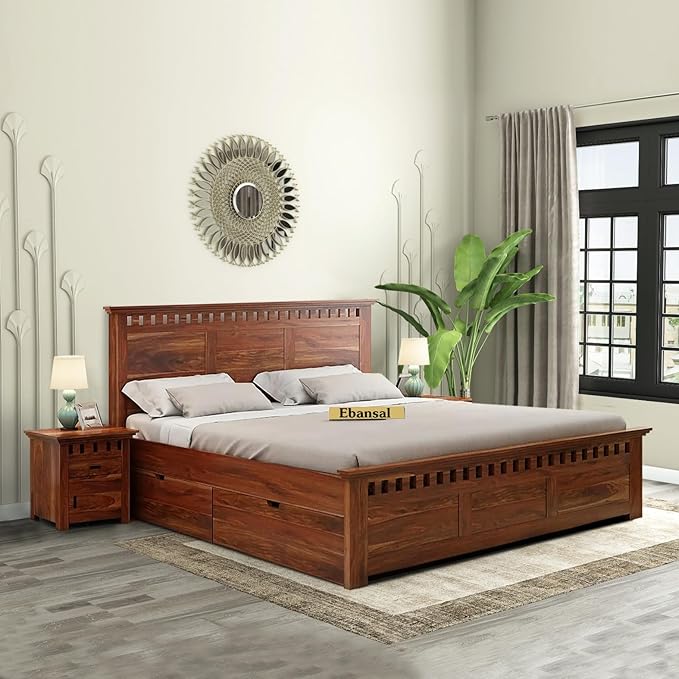 Solid Wood King Size Bed for Bedroom | Wooden Furniture Crafted from Premium Sheesham Wood | Elegant Bedroom Double Bed with 4 Drawer Storage | Honey Finish (82X75X42 Inches)