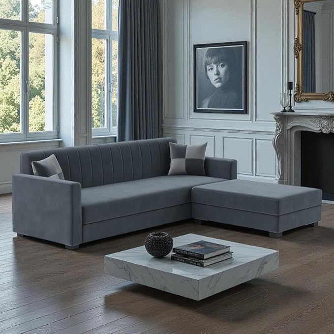 FURNY Korelon 3 Seater Fabric Modular Sofa Set with Ottoman (Dark Grey) Premium Velvet Fabric | Durable Comfort | Ideal for Living Room