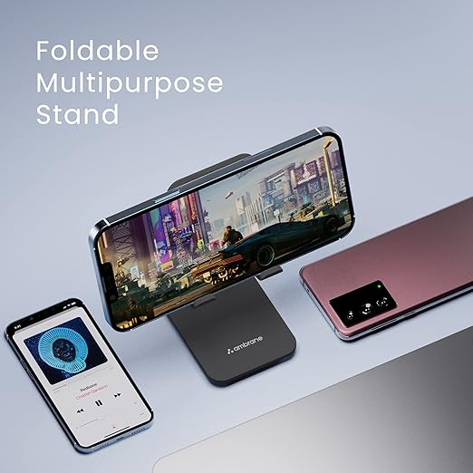 Ambrane Multipurpose Tabletop Mobile Stand | Adjustable Angle &amp; Height| Universal Holder for iPhone, Samsung, OnePlus &amp; All Smartphones | Portable, Anti-Skid | for Home, Office, Bed &amp; Gifting (Black)
