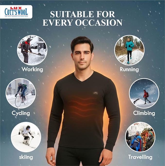 Lux Cottswool Men's Cotton Thermal Set | Top &amp; Bottom Body Warmer | V-Neck Winterwear | Full Sleeves &amp; Snug Fit with Stay Warm Technology | Skin Friendly with Superior Heat Retention