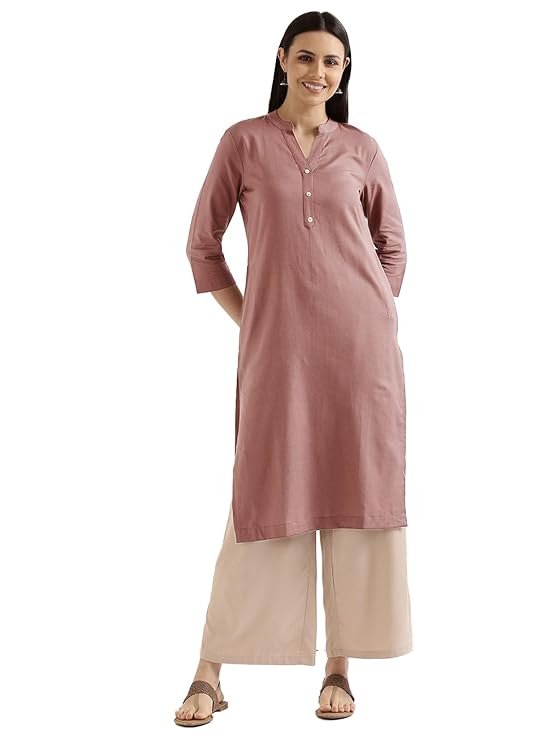 SAADAA Women's Linen Straight Fit Straight Long Kurta Airy Plain Kurta, 3/4 Sleeve, Knee Length Kurtis with Pockets, Casual and Office Wear