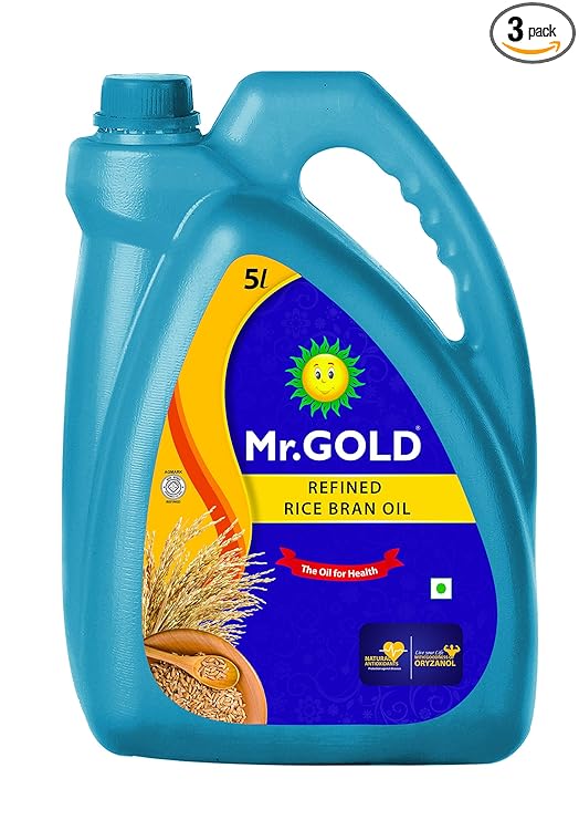 Mr. Gold Refined Rice Bran Oil Can, 5 L | Pure| No preservatives | Natural | Vitamin Enriched - Total 5L
