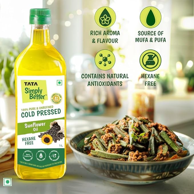 Tata Simply Better Pure Unrefined Cold Pressed Sunflower Oil, Hexane Free, Kolhu/Chekku, Cholesterol Free, Provides 6 Omega 6 PUFA, Contains Natural Antioxidants, For All types of Cuisines, 1L
