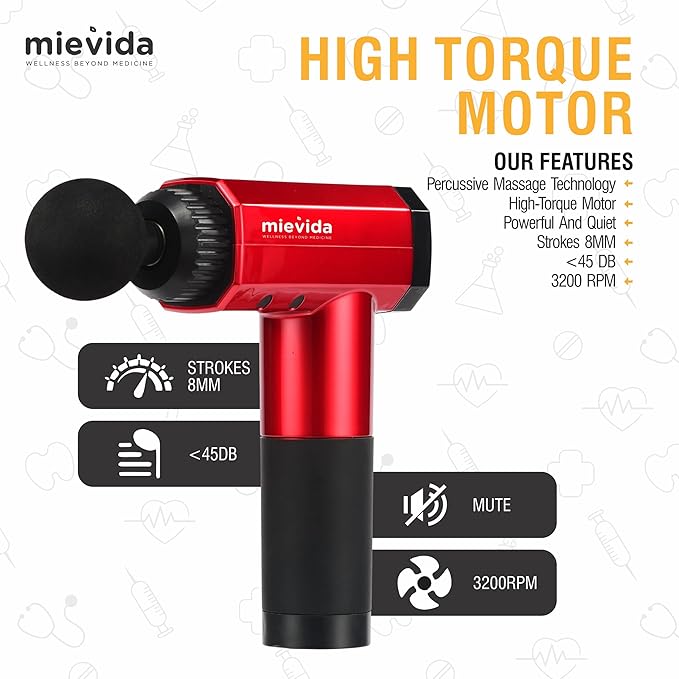 Mievida Fit Gen X Portable Electric Body Massager Gun | Deep Tissue Percussion Massage Machine for Full Body Pain &amp; Stress Relief | Cordless, Rechargeable, Quiet Handheld with 6 Specialized Heads