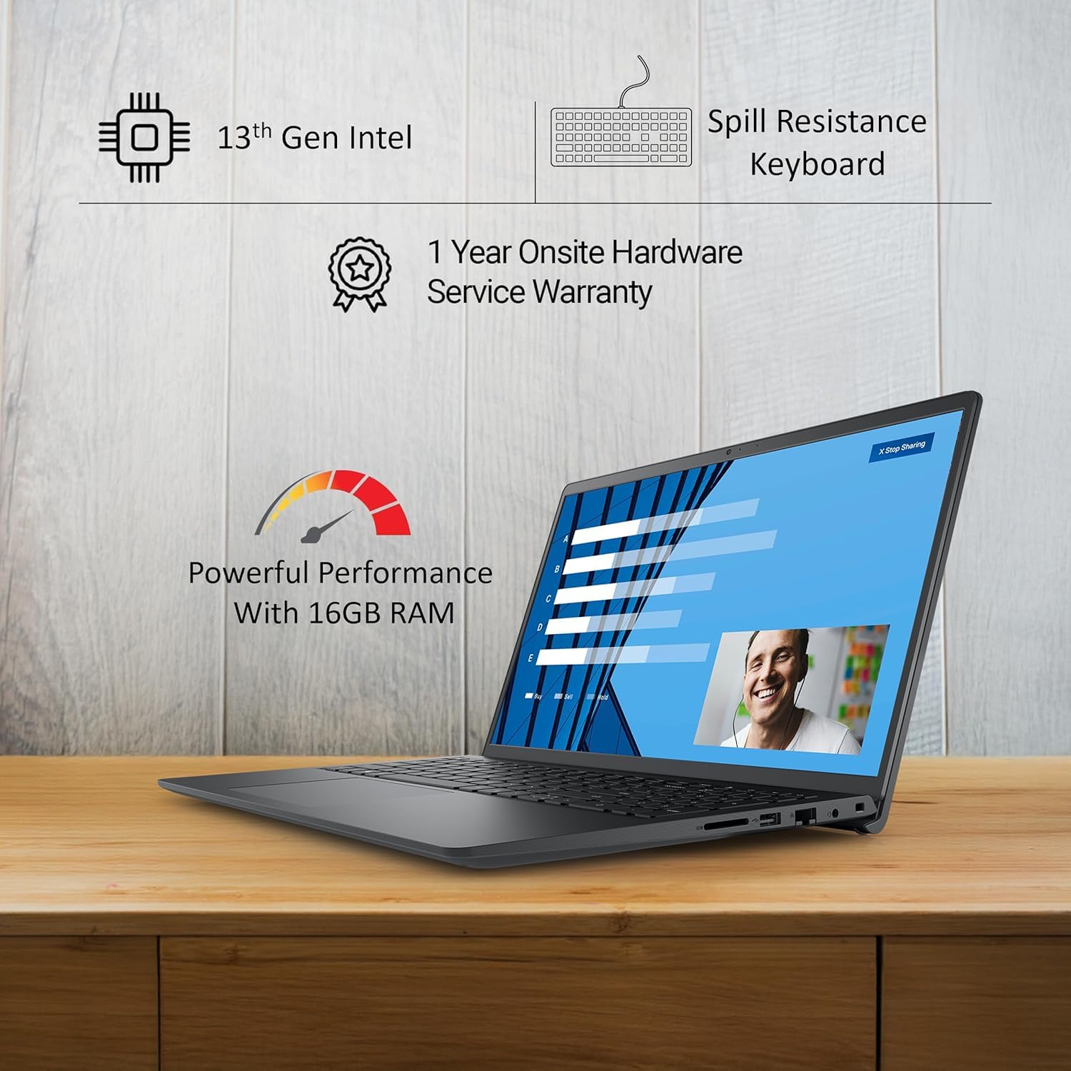Dell 15, Intel Core i3 13th Gen - 1305U, 16 GB:DDR4 RAM, 512GB, FHD 15.6"/39.6 cm Narrow Border Display, Windows 11, Office H&amp;S 2024, Carbon Grey, Intel UHD Graphics, 1.66 Kg Thin &amp; Light Laptop