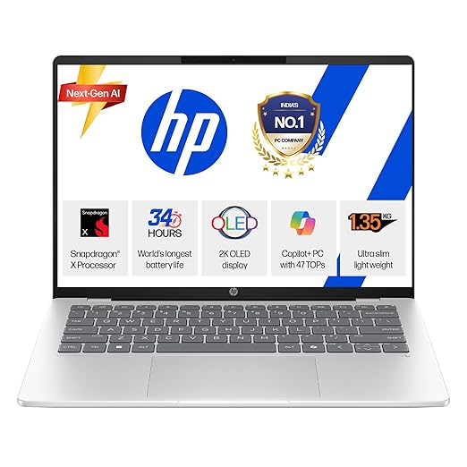 HP OmniBook 5 OLED (Previously Pavilion), Snapdragon X Processor (16GB LPDDR5x, 1TB SSD) 2K, 14''/35.6cm, Win11, M365 Basic(1yr)* Office24, Silver, 1.35kg, he0015QU, Light-Weight, Next-Gen AI Laptop