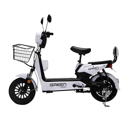 Green Udaan Low Speed Electric Scooter Non RTO 30KM Range White with Portable Charger
