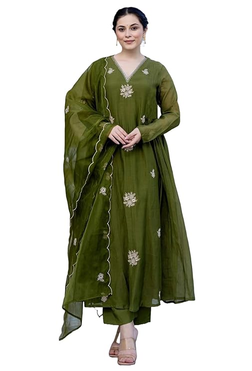 Nermosa Women Embroidery Solid Anarkali Kurta and Pant Set with Dupatta