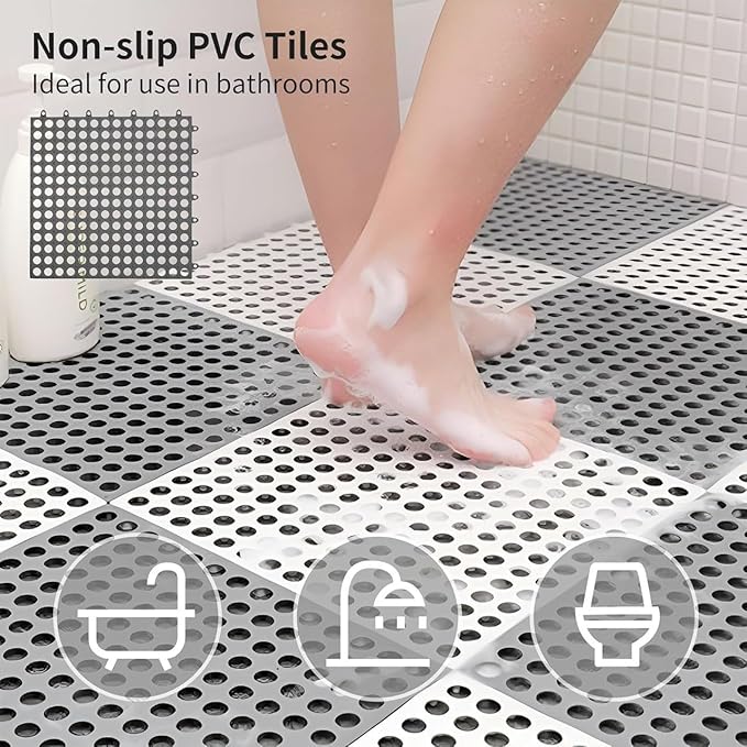 REDMART Interlocking Non-Slip Bathroom Floor Tiles with Drain Holes - Soft PVC Massage Bath Mats for Shower, Pool Deck, Patio Garage - DIY Splicing Cushion Mat